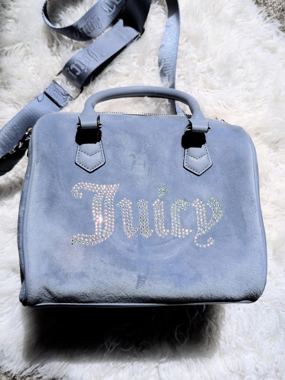 Juicy Couture Light Blue Suede Rhinestone Logo Mini Satchel